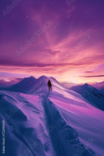 A lonely person walking on the slopes of someone snowy landscape at sunset.