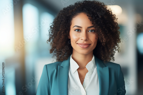 Portrait of a young attractive Afro-Caribbean business woman with curly hair in a modern office space