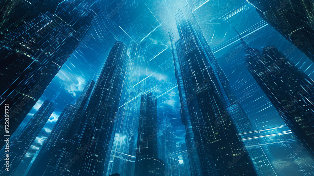 Incity blue digital wallpaper with futuristic buildings