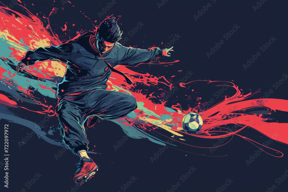 Asia man kicking a soccer ball illustration. - obrazy, fototapety, plakaty 