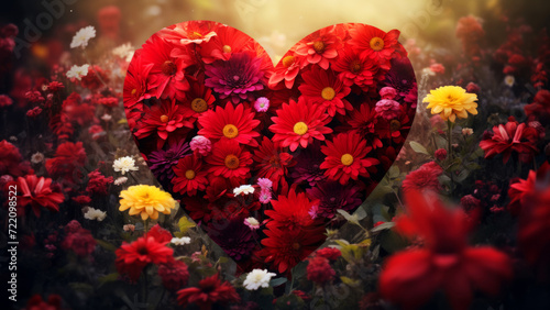 A big red heart shape collage with blooming flowers standing in blooming garden and petals in sunset light, love concept