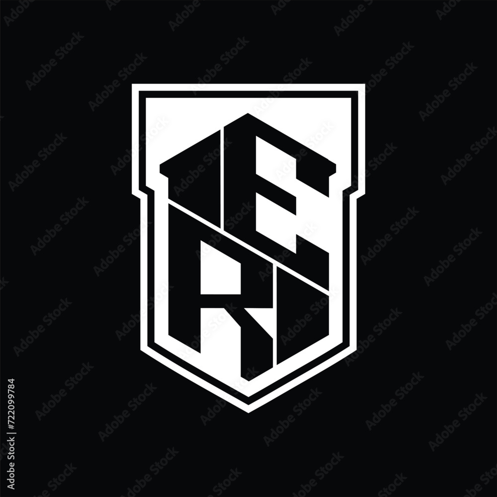 ER Logo monogram hexagon geometric up and down inside shield isolated style design template ER Logo monogram hexagon geometric up and down inside shield isolated style design template