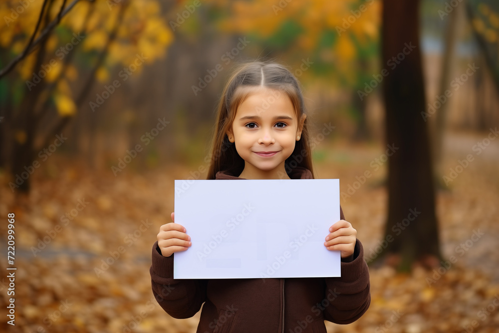 Cute little caucasian girl at outdoors holding an empty placard Cute little caucasian girl at outdoors holding an empty placard