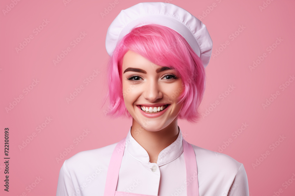 Young pink haired woman over isolated colorful background with waiter uniform Young pink haired woman over isolated colorful background with waiter uniform