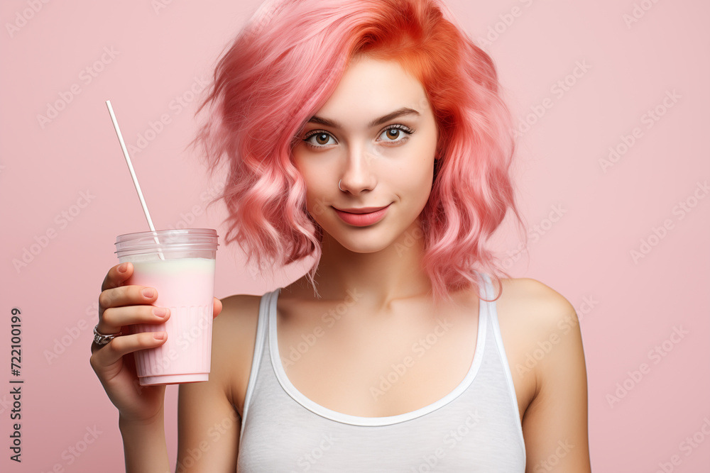 Young pink haired woman over isolated colorful background with strawberry milkshake Young pink haired woman over isolated colorful background with strawberry milkshake