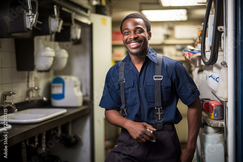 Young African American man in plumber uniform
