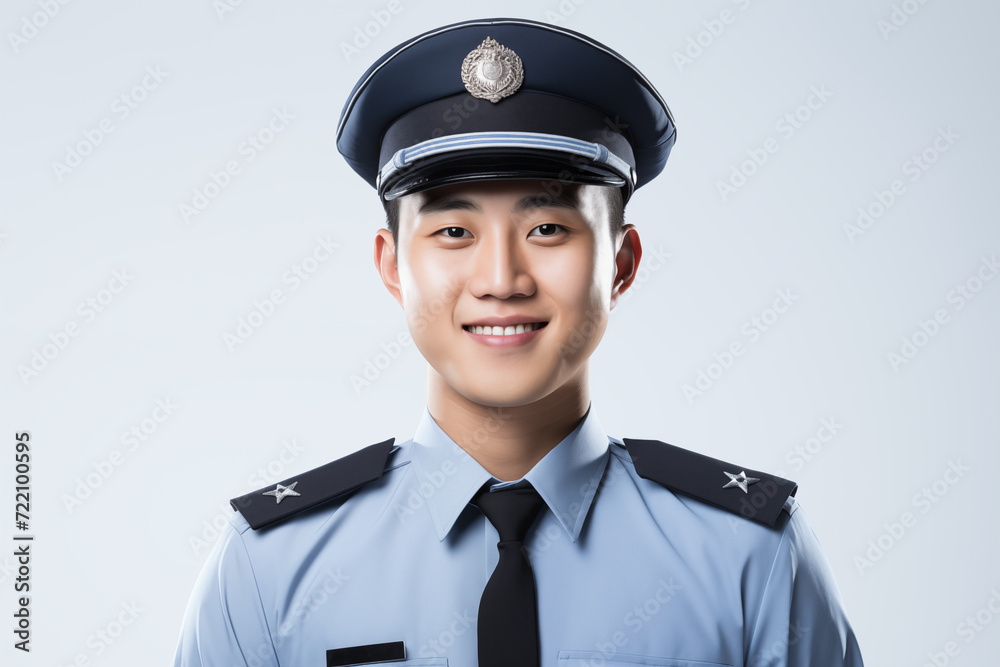 Chinese man over isolated white background with police uniform Chinese man over isolated white background with police uniform