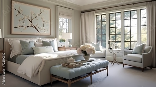 Tranquil bedroom retreat with a window seat, plush bedding, and a calming color palette © CREATER CENTER