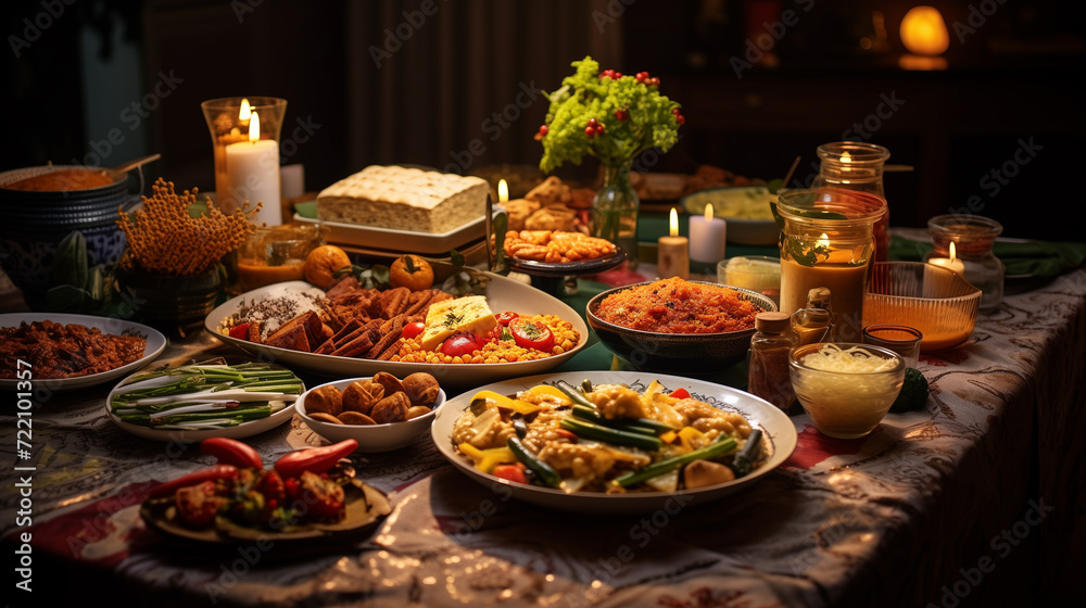 dining table full of healthy and organic food, fruits and vegetables, Muslims Ramadan concept photo