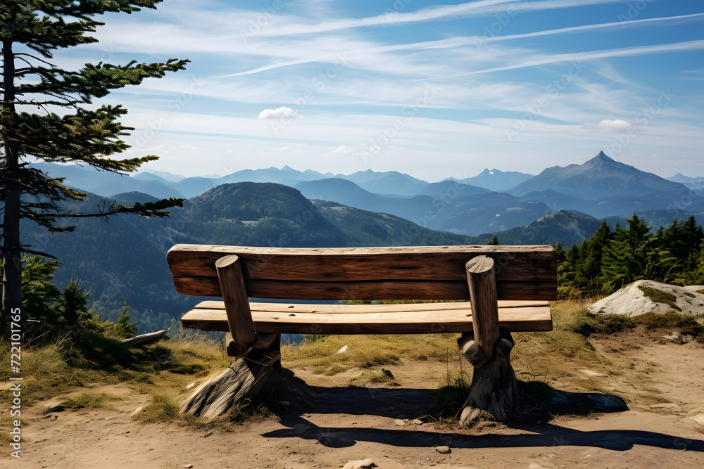 Wooden bench in the mountains, wooden mountain bench,sitting down in the alps