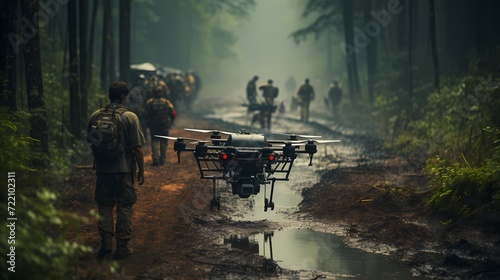 Unmanned aerial vehicle (UAV) capturing real-time footage of a military exercise