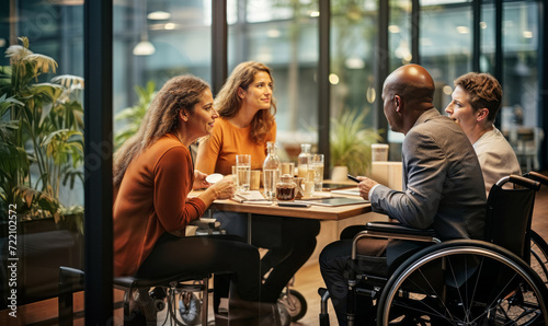 Inclusive Teamwork: Diverse Professionals Discuss Projects, Including Colleague in Wheelchair