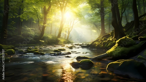 Tranquil forest stream with sunlight filtering through the canopy  creating a serene atmosphere