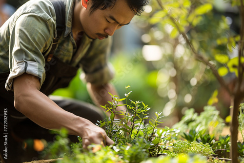 close-up of a hotel gardener tending to plants with care, creating an aesthetically pleasing outdoor environment for guests in a minimalistic photo