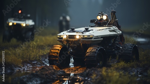Unmanned ground vehicle patrolling a military base perimeter