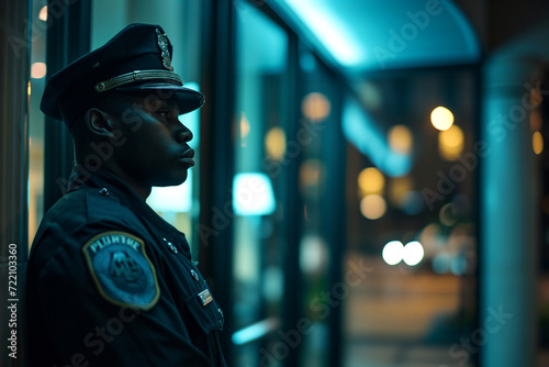 close-up of a hotel security personnel monitoring the premises, emphasizing the commitment to safety and security in a minimalistic photo