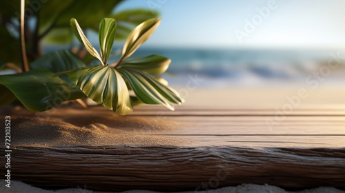 Empty summer holidays background. Horizontal travel banner for advertising product. Wooden table top in front.