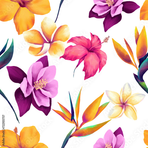 Tropical seamless pattern with colorful flowers
