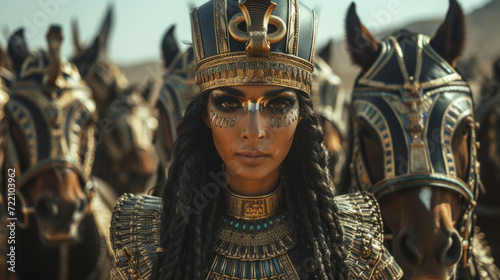 Queen commander warrior of ancient Egypt with her elite army behind. photo