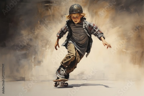 Young skater boy riding on skateboard on dusty blurred background. Active hipster practicing extreme ride on boardwalk in city. Sporty skateboarder accelerating on skate board outdoors in slow motion