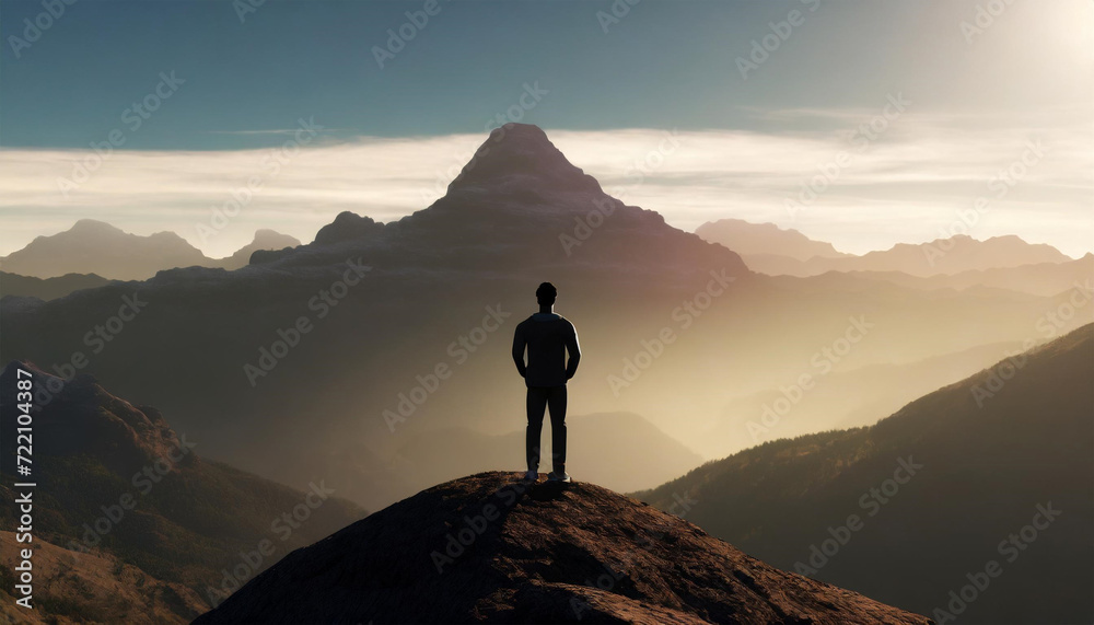 Silhouette of a man standing on a mountain peak. Concept of success. Generative AI
