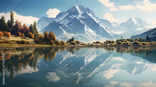 Tranquil lake surrounded by mountains and reflected in the calm water