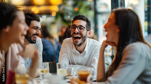 Colleagues in a cafe at a business lunch laughing at a joke