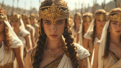 Queen commander warrior of ancient Greece with her elite army behind.