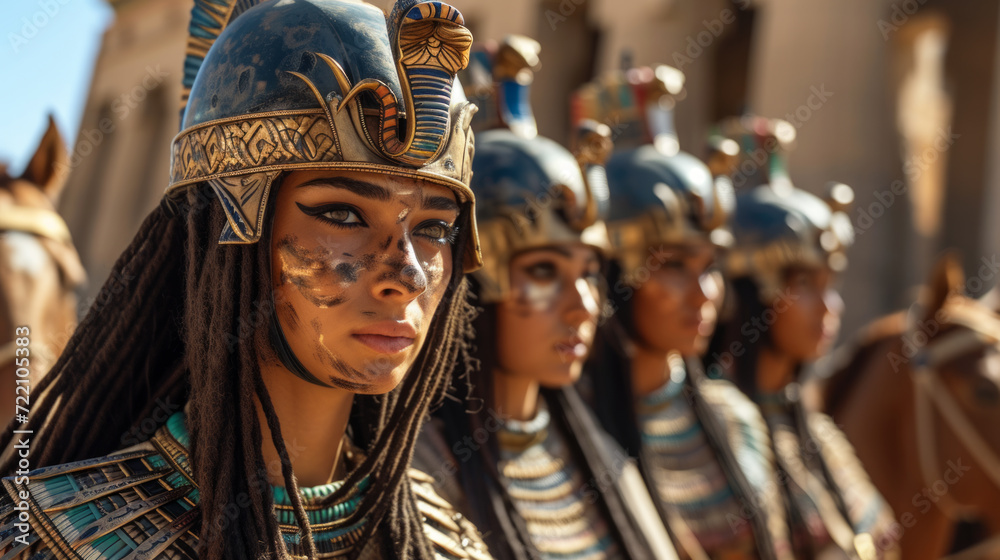 Ancient brave Egyptian female warriors in a old temple. Ancient brave Egyptian female warriors in a old temple.