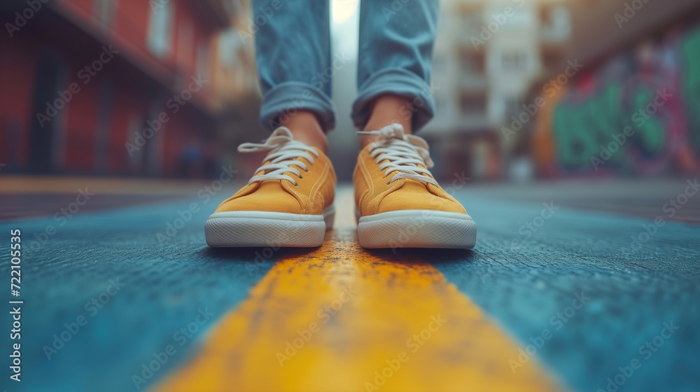Ground-level view of yellow canvas shoes on a textured blue street, accented by a bright yellow road marking - obrazy, fototapety, plakaty 