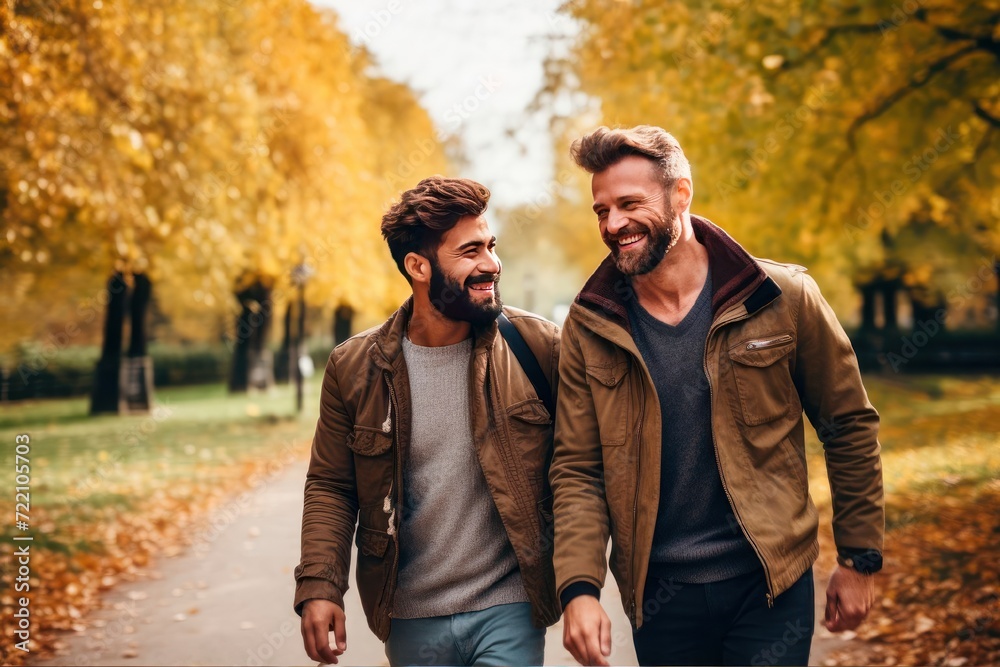 Fototapeta premium Couple of multi ethnic men having fun and smiling in the park, lgbt concept. Happy young gay couple enjoying a walk in the park together during a date. Lgbt couple concept