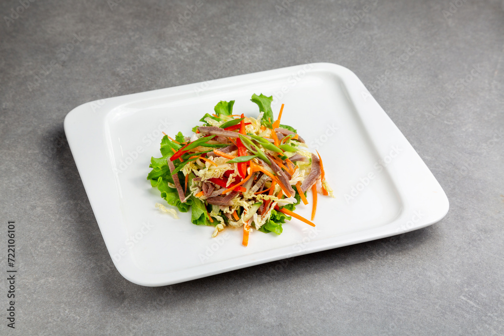 Beef and vegetable salad: green onions, peppers, cucumbers, carrots, lettuce in a plate gray background Beef and vegetable salad: green onions, peppers, cucumbers, carrots, lettuce in a plate gray background