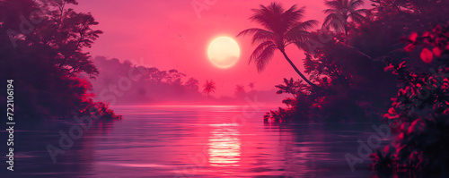 surreal psychedelic artwork of a tropical synthwave beach at the ocean with palm trees and beauty island sunset