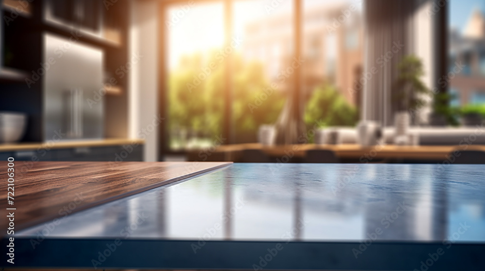 Fototapeta premium Kitchen table top with blurred modern interior