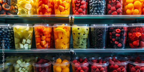 Shelves with colorful fruit cups and berries, presenting a variety of fresh, ready-to-go snack options. This can be used in advertisements for supermarkets or healthy snack options photo