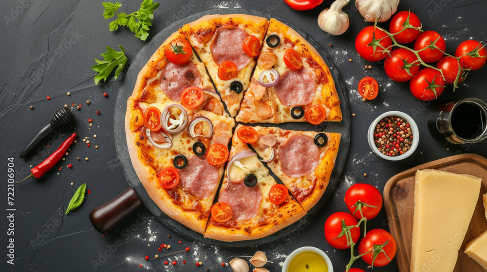 Italian style pizza. Variety of pizzas on white, black, wooden background. Pizza varieties with cheese, vegetables, Mexican pepper, chicken and sausage. Background. Images suitable for advertising