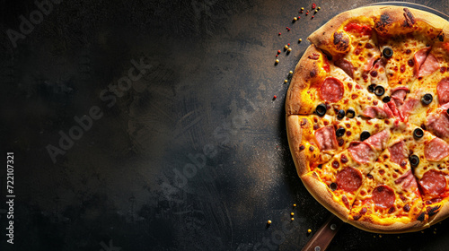 Italian style pizza. Variety of pizzas on white, black, wooden background. Pizza varieties with cheese, vegetables, Mexican pepper, chicken and sausage. Background. Images suitable for advertising photo