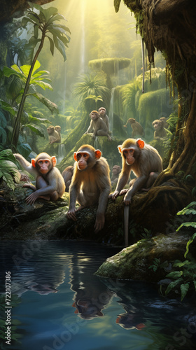 Monkeys sit together in the Jungle