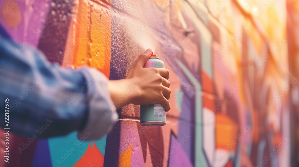 Hand holding a spray can, applying vibrant paint on a graffiti-covered ...