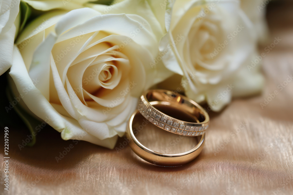 Luxurious Wedding Love: White Gold Ring Blossoming in Romantic Bouquet - Symbol of Eternity and Elegance. Luxurious Wedding Love: White Gold Ring Blossoming in Romantic Bouquet - Symbol of Eternity and Elegance.