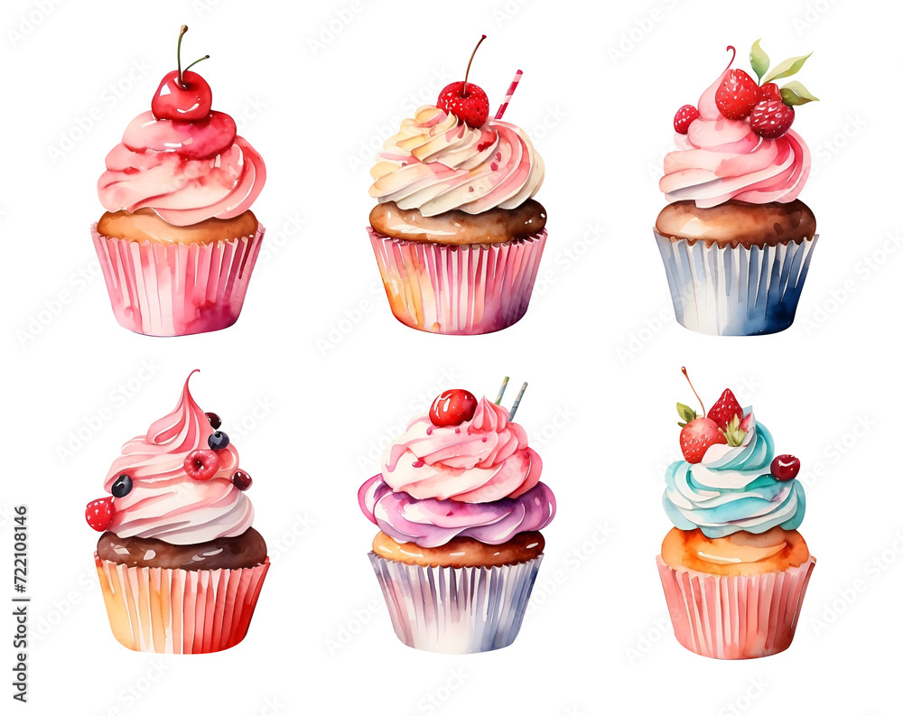 The sweet and vibrant collection of watercolor-style cupcakes, set delectable desserts, and birthday cakes. Perfect for embellishing birthday cards, menus, clipart, invitations, and cute stickers. The sweet and vibrant collection of watercolor-style cupcakes, set delectable desserts, and birthday cakes. Perfect for embellishing birthday cards, menus, clipart, invitations, and cute stickers.