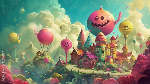 Halloween castle with balloons and ghosts in the sky