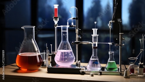laboratory glassware with chemicalsChemical Alchemy: Laboratory Glassware in Action, Scientific Elegance: Glassware with Lab Chemicals, Chemical Experimentation: Glassware in the Lab, Laboratory Chemi photo