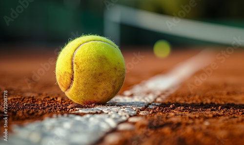 macro detail of a yellow tennis ball on a clay tennis court with white line