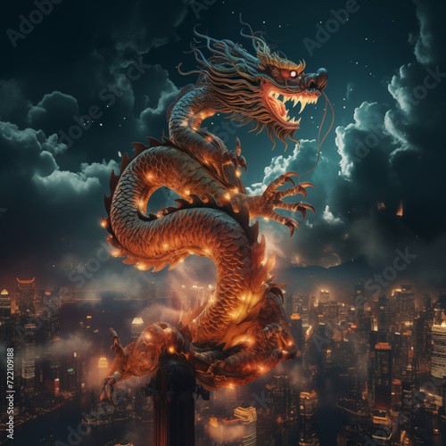 Dragon flying in sky over night city © Kokhanchikov