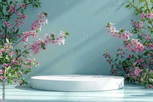 podium with spring background, mockup display stand for product presentation, hyper detailed, photorealistic, 16K, ultra realistic, no watermark - generative ai