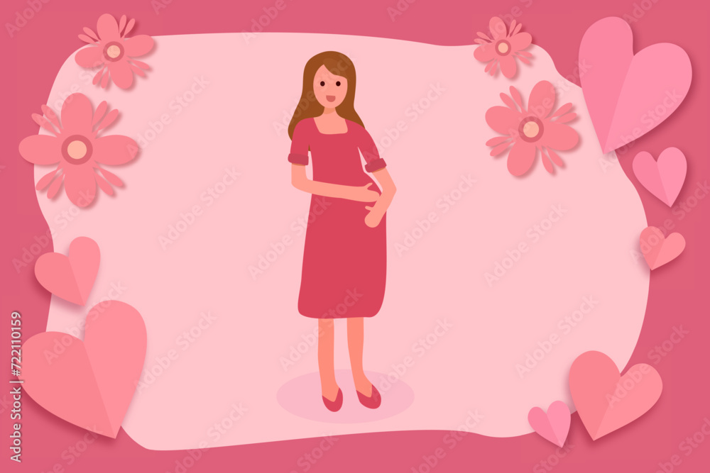 Pregnant woman touching her belly with full of love and happiness, standing in the middle of the frame including elements decorated with flower and heart, paper cut style, vector illustration. Pregnant woman touching her belly with full of love and happiness, standing in the middle of the frame including elements decorated with flower and heart, paper cut style, vector illustration.