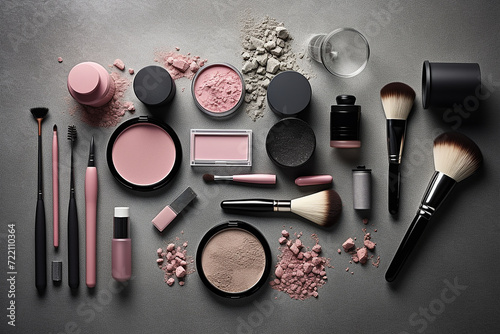 Assorted make up products and brushes laid out on a gray background. photo