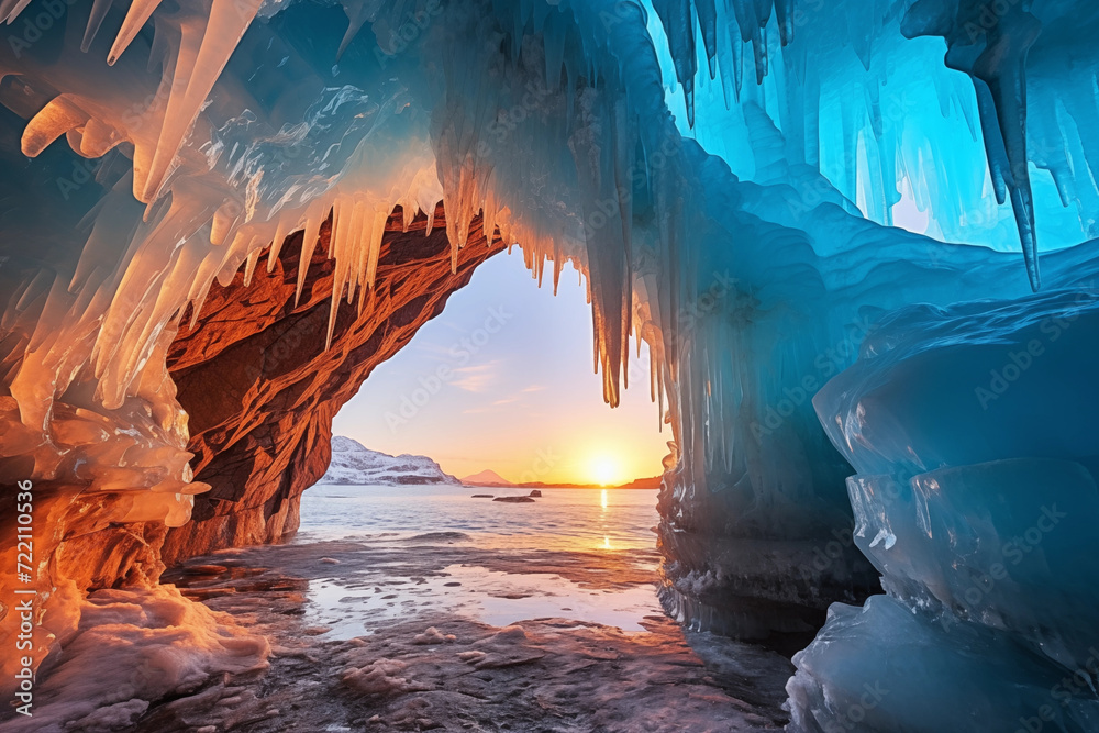 Fototapeta premium Icicles in cave on lake at sunset