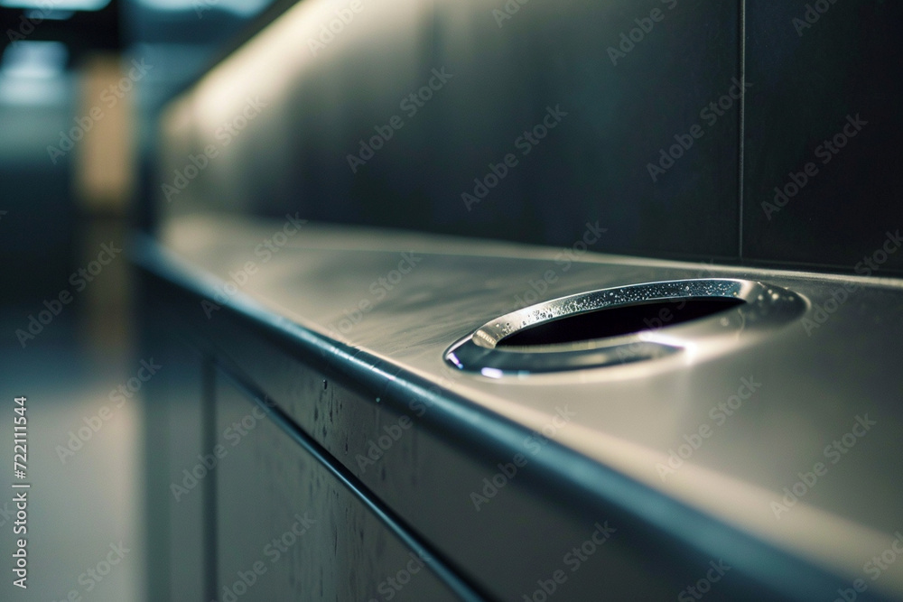 Obraz premium photo featuring a close-up of a hands-free garbage chute with a simple design, emphasizing ease of use and sanitation in a minimalistic photo